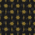 Vector seamless Christmas pattern with golden snowflakes on black background. Royalty Free Stock Photo